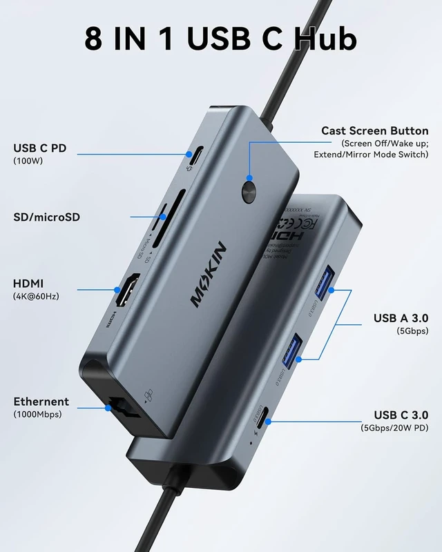 Alt view image 2 of 7 - USB C Hub for MacBook Pro/Air,Mac Dongle with 3 USB Port,USB C to HDMI, USB C to RJ45 Ethernet,MOKiN 8 in 1 USB C to HDMI Adapter,100W PD Charging, USB C to SD/TF Card Reader USB C Hub