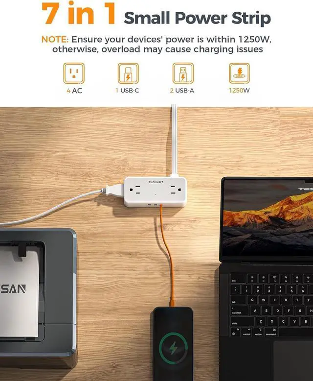 Alt view image 2 of 7 - TESSAN Extension Cord 5 FT, Power Strip with 900J Surge Protection, Grey | 4 AC Outlets 1 USB C and 2 USB A Ports, Flat Plug, Multiple Wall Outlet Extender Suitable for Office Dorm
