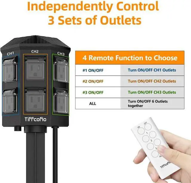 Alt view image 3 of 7 - Tiffcofio Outdoor Remote Control Power Strip, 15FT Extension Cord Waterproof, Independent Control Outlets, 6 Grounded Outlets for Outdoor Decorations, 14 AWG, 15A/1875W, ETL Listed (15 FT)