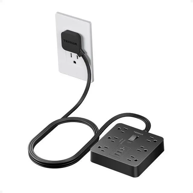 Main image of TESSAN 5Ft Black Extension Cord with Multiple Outlets, Flat Plug | 1700 Joules Surge Protector Power Strip, 6 Outlets and 3 USB Ports (1 USB C), Outlet Extender for Home, Office, Dorm
