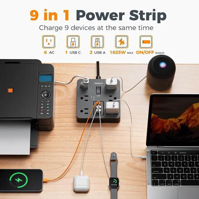 Alt view image 2 of 7 - TESSAN 5Ft Black Extension Cord with Multiple Outlets, Flat Plug | 1700 Joules Surge Protector Power Strip, 6 Outlets and 3 USB Ports (1 USB C), Outlet Extender for Home, Office, Dorm