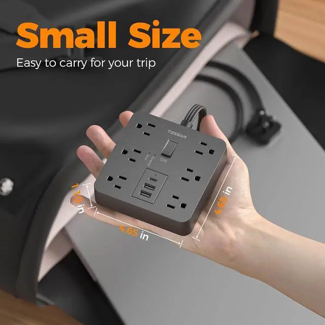 Alt view image 6 of 7 - TESSAN 5Ft Black Extension Cord with Multiple Outlets, Flat Plug | 1700 Joules Surge Protector Power Strip, 6 Outlets and 3 USB Ports (1 USB C), Outlet Extender for Home, Office, Dorm