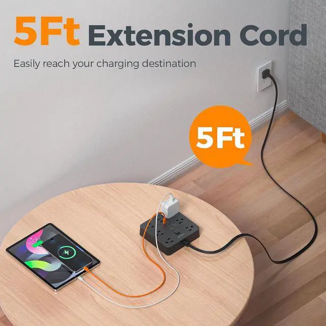Alt view image 4 of 7 - TESSAN 5Ft Black Extension Cord with Multiple Outlets, Flat Plug | 1700 Joules Surge Protector Power Strip, 6 Outlets and 3 USB Ports (1 USB C), Outlet Extender for Home, Office, Dorm