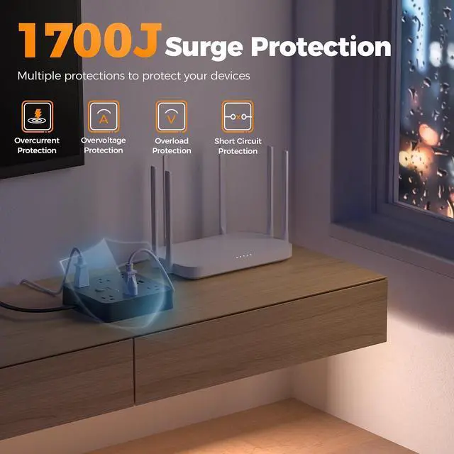 Alt view image 5 of 7 - TESSAN 5Ft Black Extension Cord with Multiple Outlets, Flat Plug | 1700 Joules Surge Protector Power Strip, 6 Outlets and 3 USB Ports (1 USB C), Outlet Extender for Home, Office, Dorm