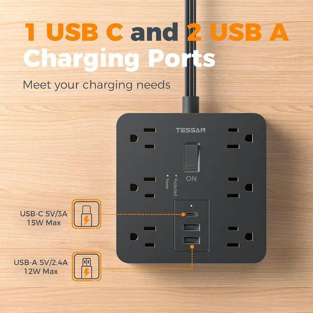 Alt view image 7 of 7 - TESSAN 5Ft Black Extension Cord with Multiple Outlets, Flat Plug | 1700 Joules Surge Protector Power Strip, 6 Outlets and 3 USB Ports (1 USB C), Outlet Extender for Home, Office, Dorm