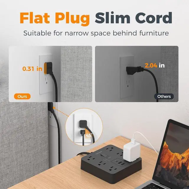 Alt view image 3 of 7 - TESSAN 5Ft Black Extension Cord with Multiple Outlets, Flat Plug | 1700 Joules Surge Protector Power Strip, 6 Outlets and 3 USB Ports (1 USB C), Outlet Extender for Home, Office, Dorm