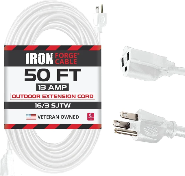 Main image of Iron Forge Cable Outdoor Extension Cord 50 ft - 16 Gauge 13 Amp Heavy Duty Power Extension Cords - SJTW - Great for Major Appliances, Power Tools, Garden Supplies - White