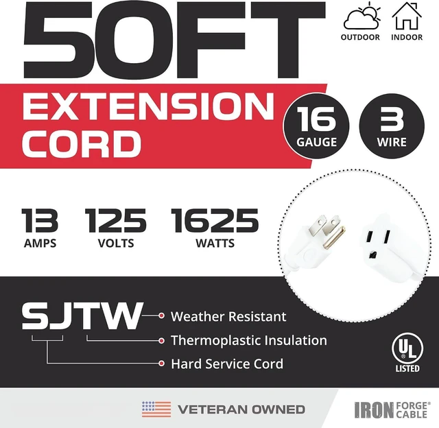 Alt view image 2 of 7 - Iron Forge Cable Outdoor Extension Cord 50 ft - 16 Gauge 13 Amp Heavy Duty Power Extension Cords - SJTW - Great for Major Appliances, Power Tools, Garden Supplies - White