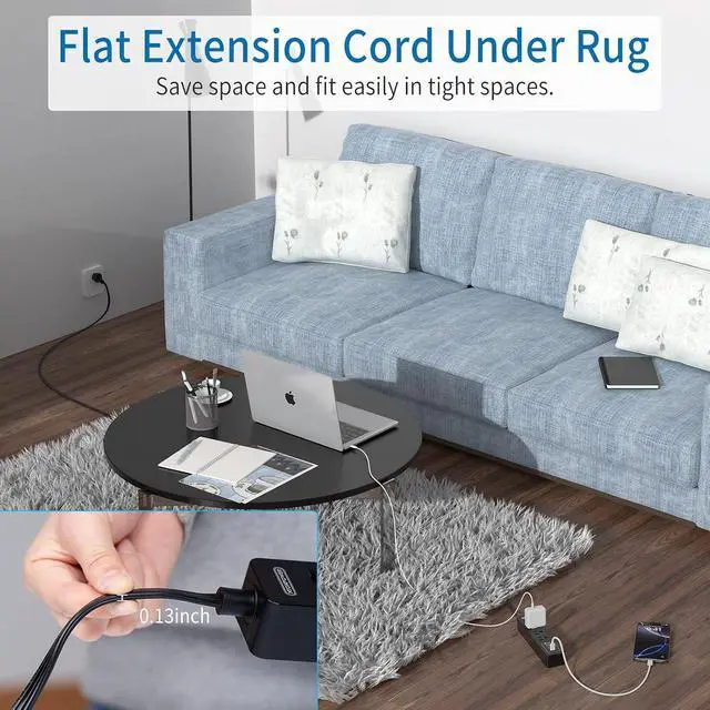 Alt view image 2 of 7 - Flat Extension Cord 15 Ft, NTONPOWER Ultra Thin Flat Extension Cord Under Carpet, Rug, Door, Wall Mount Power Strip Flat Plug with 4 Outlets 3 USB(1 USB-C), Overload Protection for Home Office, Black