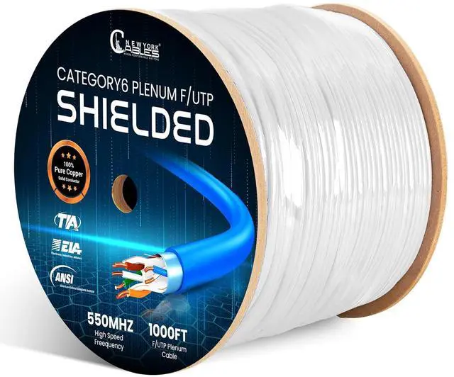 Main image of NewYork Cables | Cat6 Plenum Shielded 1000FT (CMP) Overall Foil Shield (F/UTP) | 100% Solid Bare Copper | 23 AWG, 550MHz Certified Fire-Resistant Bulk Cat 6 Cable for Extreme Performance (White)