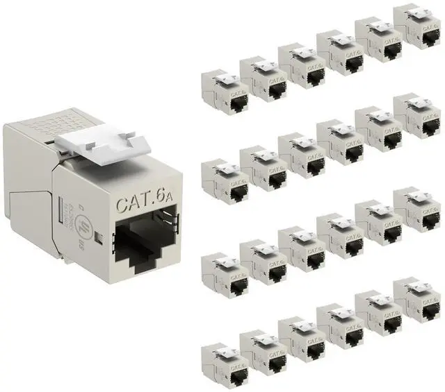 Main image of UL Listed 10Gbps Cat6A Shielded Keystone Jack Insert 25 -Pack, 180 Degree Punch Down RJ45 Keystone Jack Adapter Slim Profile for Patch Panel & Wall Plate, Sliver