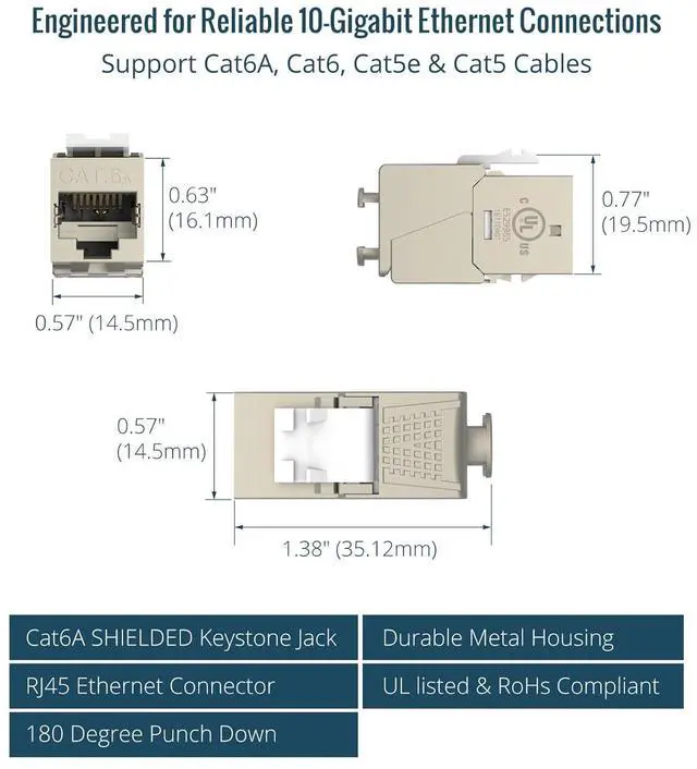 Alt view image 2 of 7 - UL Listed 10Gbps Cat6A Shielded Keystone Jack Insert 25 -Pack, 180 Degree Punch Down RJ45 Keystone Jack Adapter Slim Profile for Patch Panel & Wall Plate, Sliver