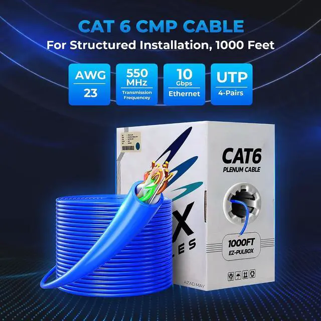 Alt view image 6 of 7 - CAT6 Plenum Ethernet Cable 1000ft 23AWG, UTP, 550MHz, 10Gbps Speed, Fire-Rated for Commercial & Residential Use Tangle-Free Pull Box (Blue)