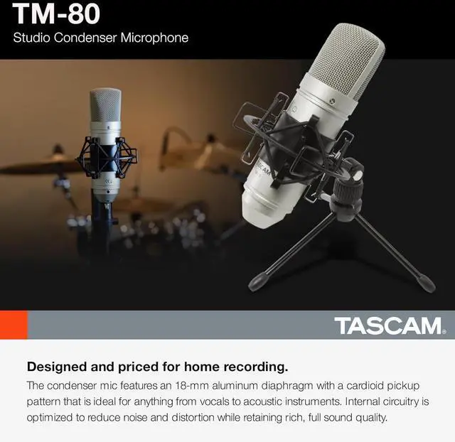 Alt view image 3 of 7 - Tascam TM-80 Large Diaphagm Condenser Microphone,Silver