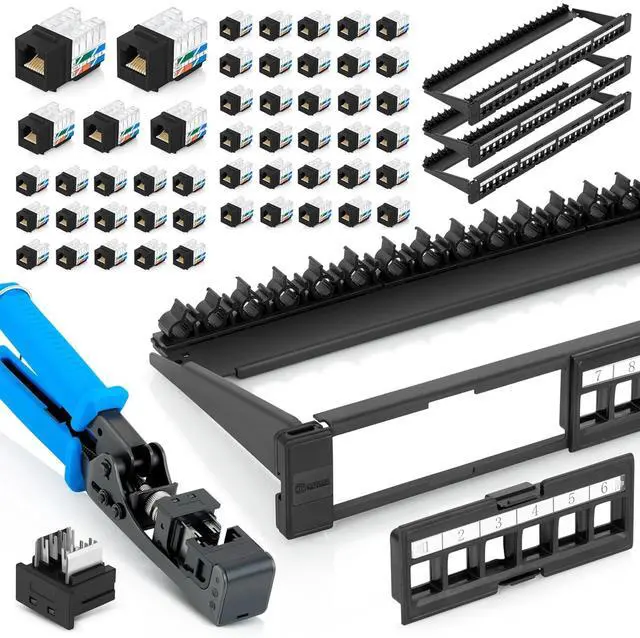 Main image of Bundle 4 Items: 24 Port Keystone Patch Panel (4-Pack) + 90° Angled Speed Termination Tool (easyJACK) + Replacement Head + 90° Angled RJ45 Cat6 Keystone Jacks in Black (50 Pack)