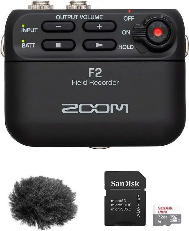 Main image of Zoom F2 Ultracompact Portable Field Recorder (Lavalier Microphone) Bundle with 32GB Memory Card & Fuzzy Windbuster