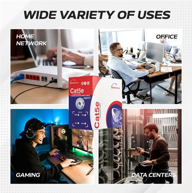 Alt view image 6 of 6 - 1000FT Cat5e Plenum Ethernet Cable (CMP), 24AWG Solid CCA (Copper Clad Aluminum), 350MHz, UTP Network LAN Wire (Unshielded, Black)