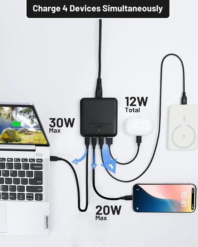 Alt view image 7 of 7 - 67W 4-Port Slim GaN USB C Charging Station with 6FT Lime Green Apple MFi Certified iPhone Lightning Cable, Fast Charging Desktop Charger for MacBook Laptop iPhone 14 13 12 11 XR