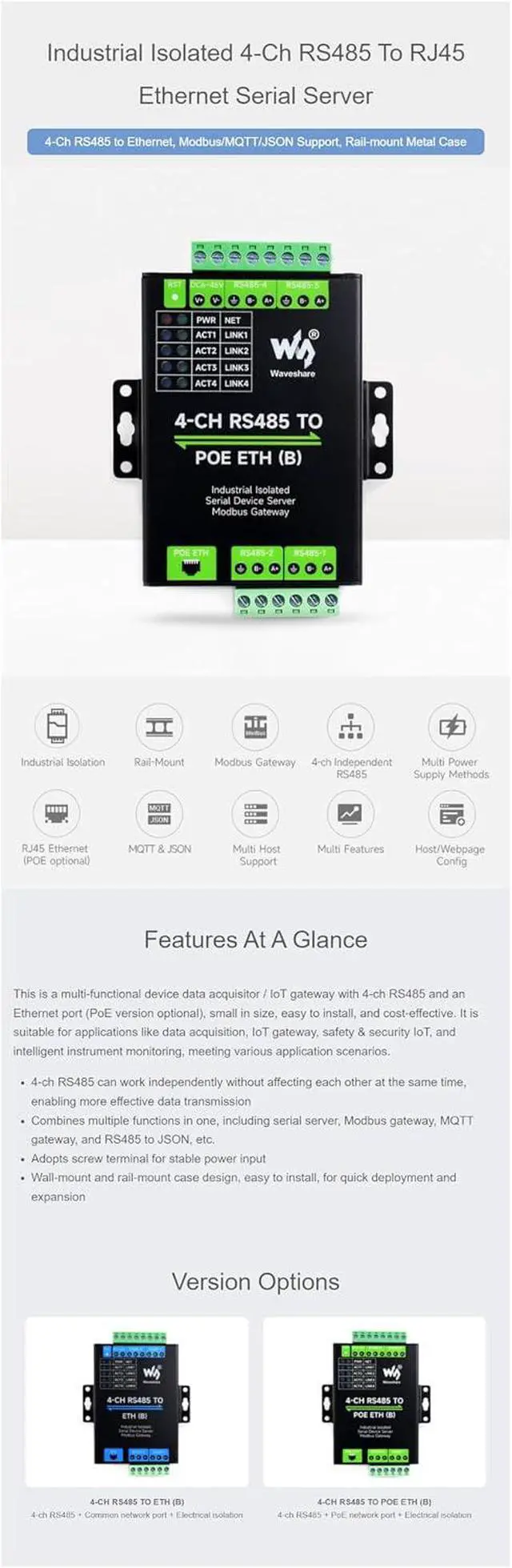 Alt view image 3 of 7 - 4-Ch RS485 to RJ45 Ethernet Serial Server 4 Channels RS485 Independent Operation Modbus Gateway with POE Function Industrial Isolated Serial Module Bi-Directional Transmission