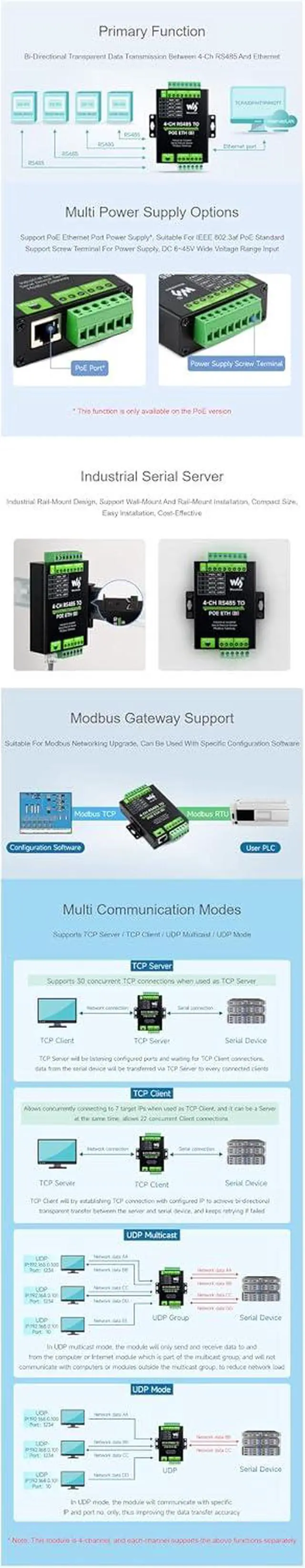 Alt view image 5 of 7 - 4-Ch RS485 to RJ45 Ethernet Serial Server 4 Channels RS485 Independent Operation Modbus Gateway with POE Function Industrial Isolated Serial Module Bi-Directional Transmission