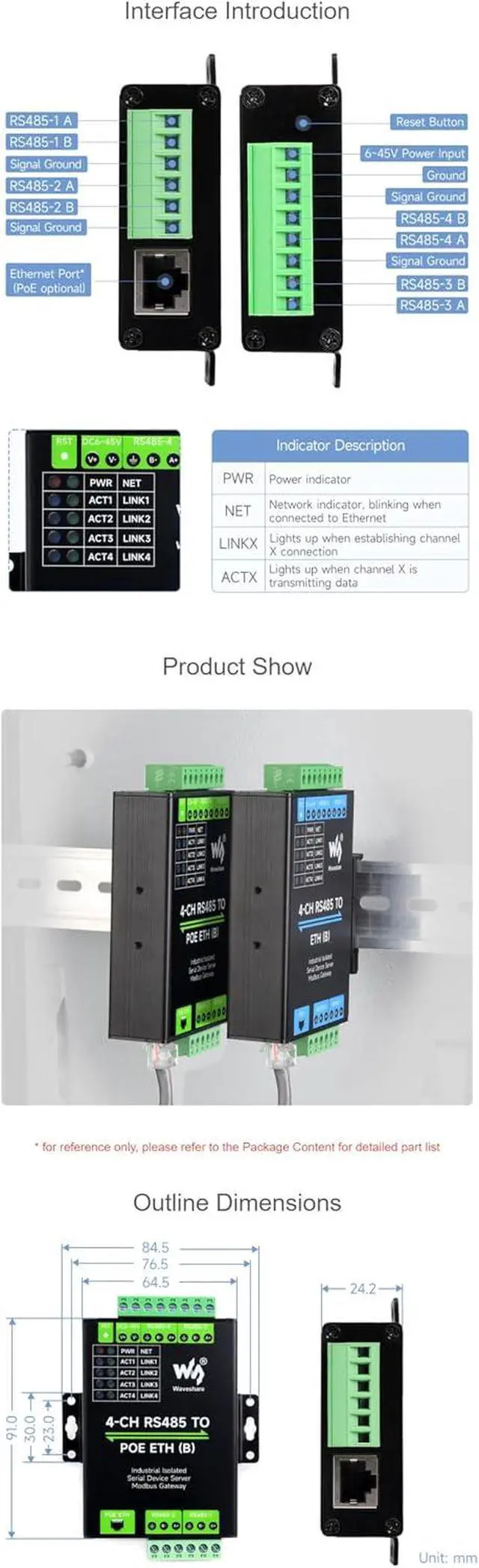 Alt view image 7 of 7 - 4-Ch RS485 to RJ45 Ethernet Serial Server 4 Channels RS485 Independent Operation Modbus Gateway with POE Function Industrial Isolated Serial Module Bi-Directional Transmission