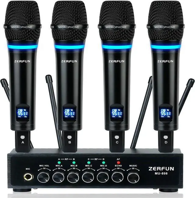 Main image of 4 Channel Rechargeable Wireless Microphone System, Pro UHF Metal Handheld Wireless Microphones Cordless Mics with Echo Bluetooth VOL Channel Control for Karaoke Singing Church(MU-898)