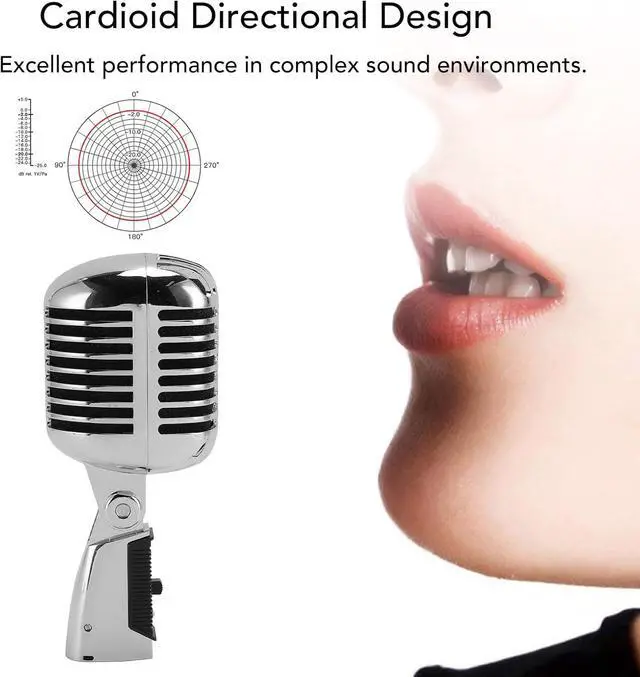 Alt view image 5 of 7 - EVGATSAUTO Zinc Alloy Cardioid Vocal Microphone, Vintage Dynamic Microphone with Self - Tensioning Swivel Rack for KTV Stage Performance and Recording (Silver)