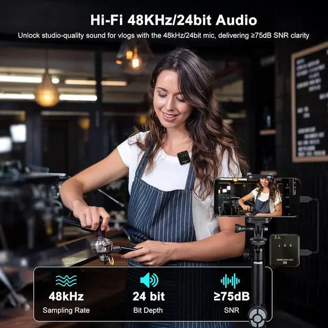 Alt view image 3 of 7 - K63 Wireless Lavalier Microphone for iPhone/USB-C Phone,Camera,Tablet and Mac,mini iPhone Microphone for Video Recording,Vlogging,48KHz/24Bit,164 ft Range,Noise Cancelling