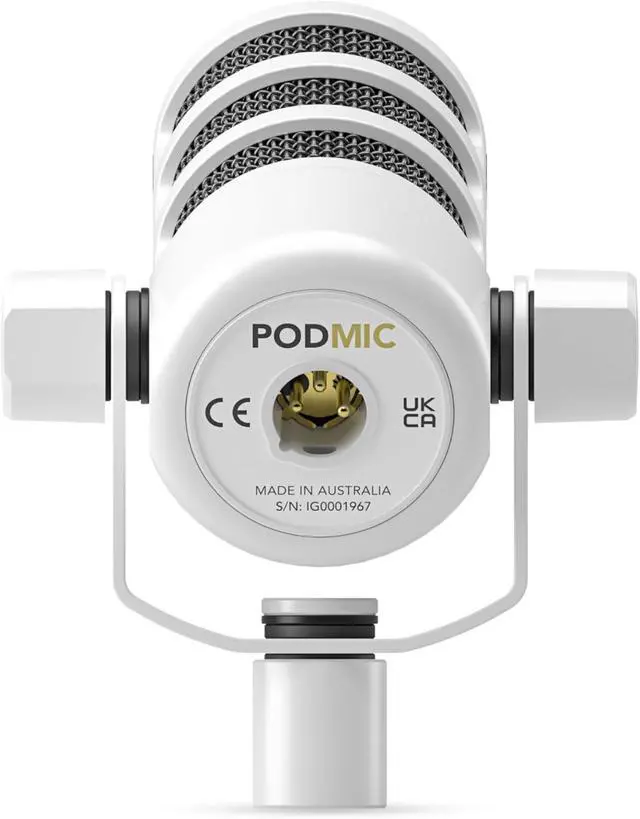 Alt view image 3 of 7 - Rode PodMic Cardioid Dynamic Broadcast Microphone (White, Pair) with 2X Round Base Desktop Mic Stands, Monitoring Headphones, XLR Cables and Polishing Cloths
