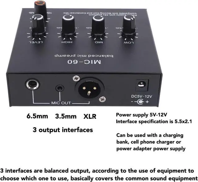 Alt view image 3 of 7 - Microphone Preamp Gain Mic Booster, 48V XLR Balanced Dynamic and Condenser Mic Preamp for Recording Studio Live Streaming