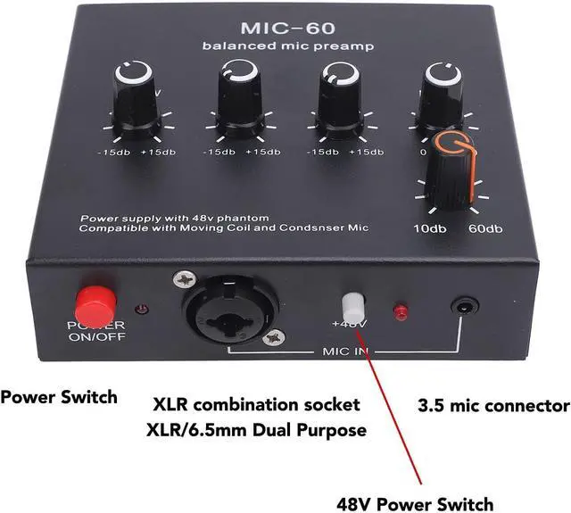 Alt view image 5 of 7 - Microphone Preamp Gain Mic Booster, 48V XLR Balanced Dynamic and Condenser Mic Preamp for Recording Studio Live Streaming
