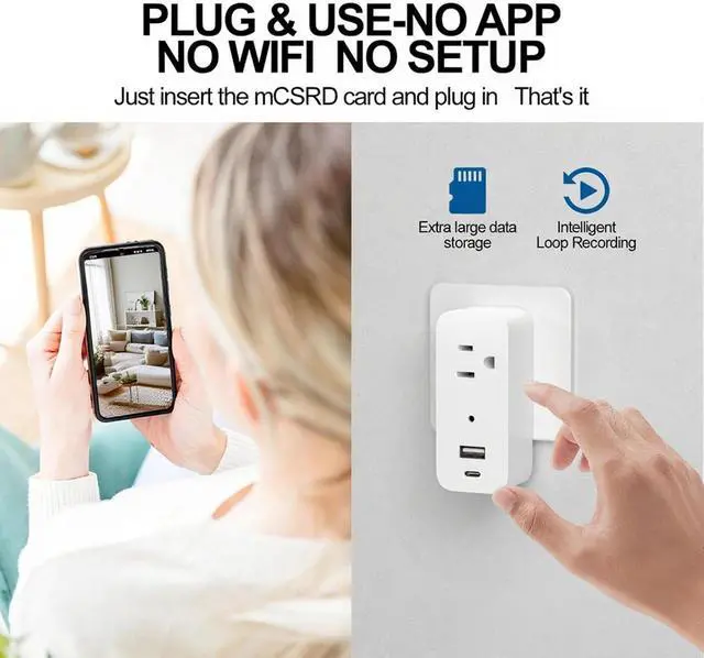 Alt view image 2 of 7 - ULar Plug Surveillance Camera, Mini 1080P FHD WiFi Cam with 3-Device Charging, Built-in 32GB SD Card, Remote Real-Time View Motion Detection, Wall Powered Wireless Multifunction Smart Indoor(No Audio)