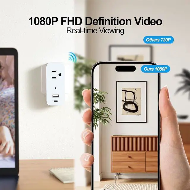 Alt view image 4 of 7 - ULar Plug Surveillance Camera, Mini 1080P FHD WiFi Cam with 3-Device Charging, Built-in 32GB SD Card, Remote Real-Time View Motion Detection, Wall Powered Wireless Multifunction Smart Indoor(No Audio)
