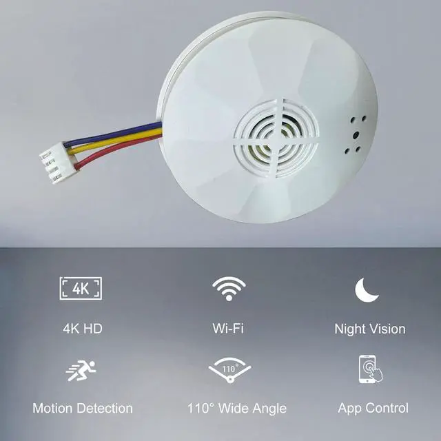 Alt view image 2 of 7 - Ultra 4K HD WiFi Hidden Camera, Smoke Detector Shaped, with Clear Night Vision | 800mAh Rechargerable Battery | Video Recording, Wired 120V AC Connector Home Security Alarm Camera (9120 Model)