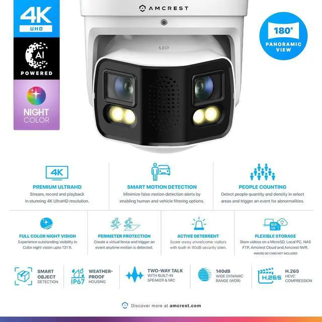 Alt view image 2 of 7 - Amcrest Dual-Lens 4K (8MP) Outdoor Security POE Camera, 2 x 4MP Lenses PoE AI Turret IP Camera, 131ft Night Color, Human/Vehicle Detection, Panoramic 180° FOV, 2 x 4MP@25fps IP8M-FCT2999EW-AI (White)