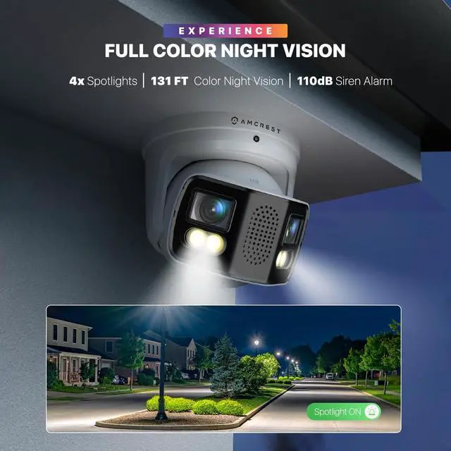 Alt view image 4 of 7 - Amcrest Dual-Lens 4K (8MP) Outdoor Security POE Camera, 2 x 4MP Lenses PoE AI Turret IP Camera, 131ft Night Color, Human/Vehicle Detection, Panoramic 180° FOV, 2 x 4MP@25fps IP8M-FCT2999EW-AI (White)