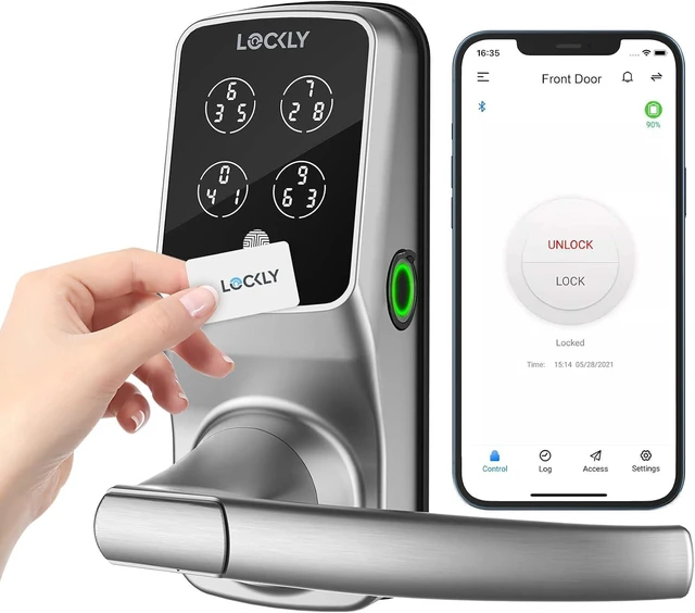 Main image of Secure Plus RFID Card Smart Lock Keyless Entry, PIN Genie® Keypad, 3D Fingerprint Biometric Sensor, Auto Lock, Satin Nickel (PGD628FCSN) Latch Edition
