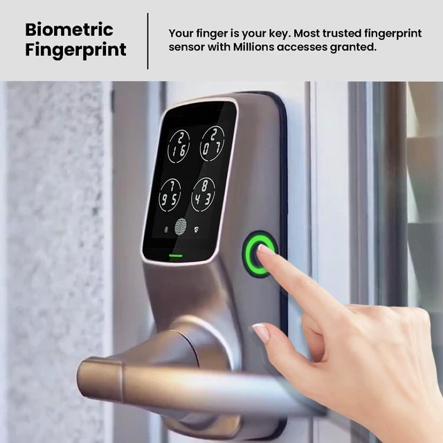 Alt view image 3 of 7 - Secure Plus RFID Card Smart Lock Keyless Entry, PIN Genie® Keypad, 3D Fingerprint Biometric Sensor, Auto Lock, Satin Nickel (PGD628FCSN) Latch Edition