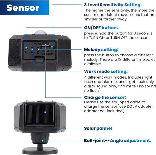 Alt view image 7 of 7 - Solar Driveway Alarm Wireless Outside Weatherproof 1/3 Mile Long Range, Outdoor Motion Sensor Detector Alarm Driveway Alert System with Rechargeable Battery/Expandable (4 Sensors &1 Receiver Set)