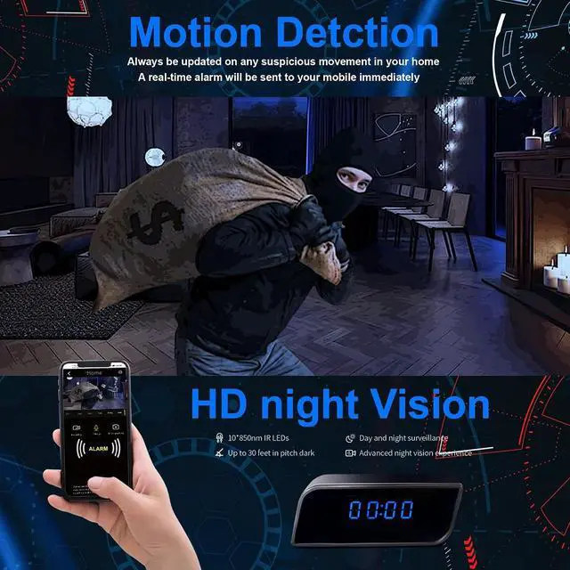 Alt view image 5 of 6 - Clock Camera - Full HD 1085P WiFi Alarm Clock with Camera, Upgraded Nanny Cam Hidden Camera with Video Clear Night Vision Motion Detection for Home Indoor Security