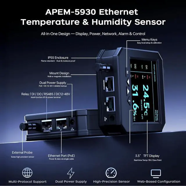 Alt view image 6 of 7 - Ethernet Server Room Temperature Monitor (Swiss Sensors) PoE Server Rack Temperature Humidity Sensor with Web Interface, SNMP Modbus MQTT Support, Dual Power, IP55, Data Logging, Alarm & Relay Output