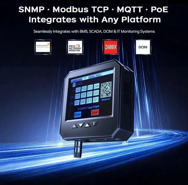Alt view image 3 of 7 - Ethernet Server Room Temperature Monitor (Swiss Sensors) PoE Server Rack Temperature Humidity Sensor with Web Interface, SNMP Modbus MQTT Support, Dual Power, IP55, Data Logging, Alarm & Relay Output