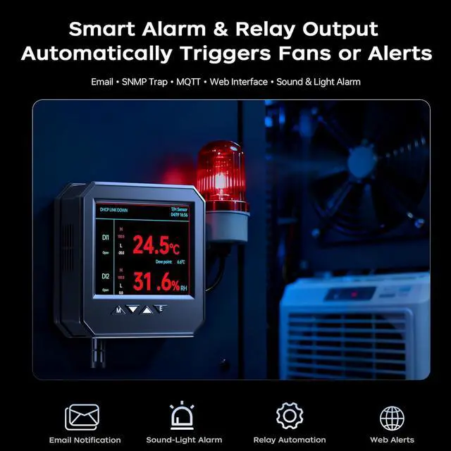 Alt view image 4 of 7 - Ethernet Server Room Temperature Monitor (Swiss Sensors) PoE Server Rack Temperature Humidity Sensor with Web Interface, SNMP Modbus MQTT Support, Dual Power, IP55, Data Logging, Alarm & Relay Output