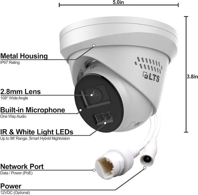 Alt view image 3 of 7 - LTS CMIP3382WI-28SDL 8MP Turret IP Camera 2.8mm Lens, White and IR Light, Built-in Dual Microphone and Speaker