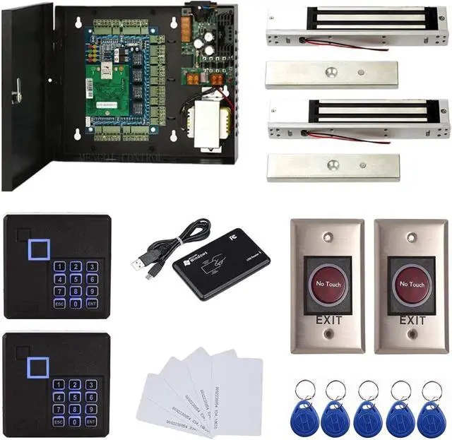 Main image of MENGQI-CONTROL 2 Door Access Control Board System 600lbs Electromagnetic Lock Infrared NoTouch Exit Button Keypad Reader 110~240V Power Supply Box USB Enroll Reader Card Key Fob APP remotely Open Door