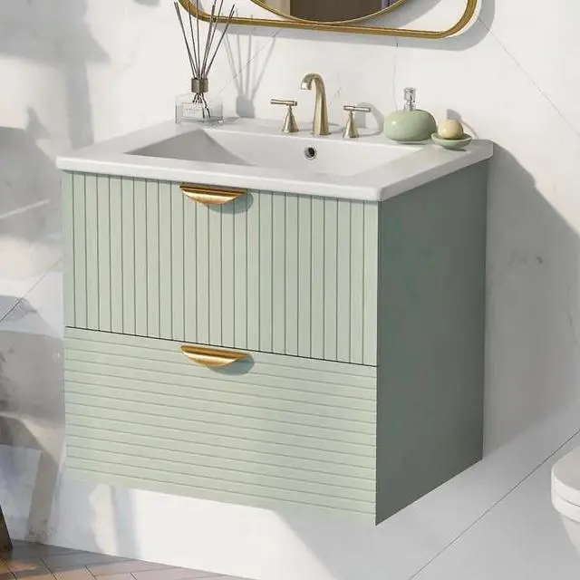 Main image of Modern 24-Inch Wall-Mounted Bathroom Vanity with 2 Drawers, Green Compact Vanity for Small Bathrooms, Space-Saving Design with Sleek Finish