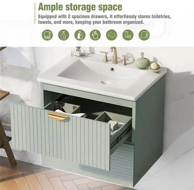 Alt view image 2 of 6 - Modern 24-Inch Wall-Mounted Bathroom Vanity with 2 Drawers, Green Compact Vanity for Small Bathrooms, Space-Saving Design with Sleek Finish