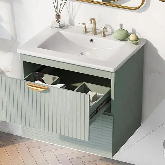 Alt view image 3 of 6 - Modern 24-Inch Wall-Mounted Bathroom Vanity with 2 Drawers, Green Compact Vanity for Small Bathrooms, Space-Saving Design with Sleek Finish