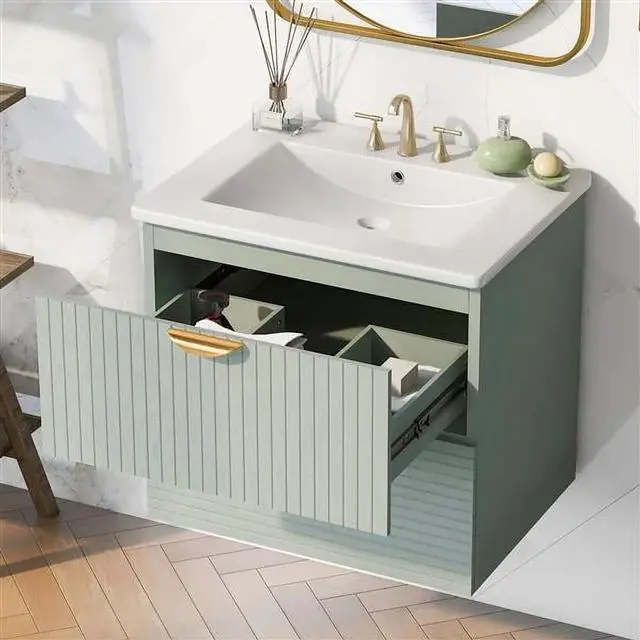 Alt view image 4 of 6 - Modern 24-Inch Wall-Mounted Bathroom Vanity with 2 Drawers, Green Compact Vanity for Small Bathrooms, Space-Saving Design with Sleek Finish