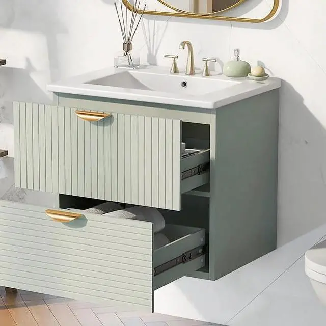 Alt view image 5 of 6 - Modern 24-Inch Wall-Mounted Bathroom Vanity with 2 Drawers, Green Compact Vanity for Small Bathrooms, Space-Saving Design with Sleek Finish
